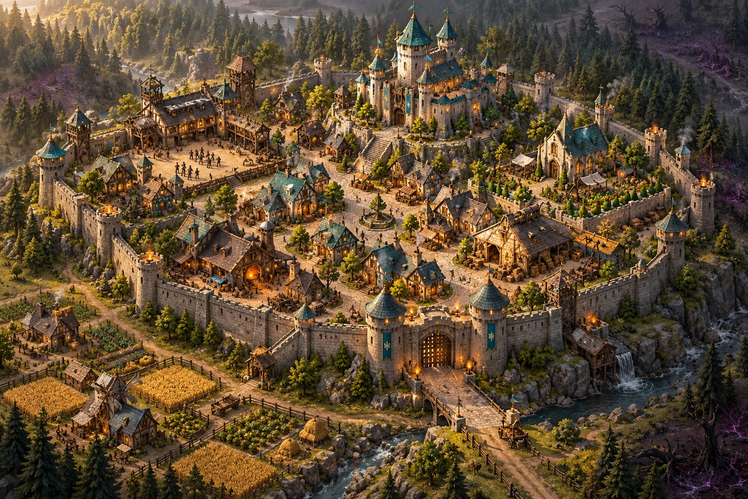 Concept art of a fortified Sunderward city with teal-roofed keeps, farms and walls
