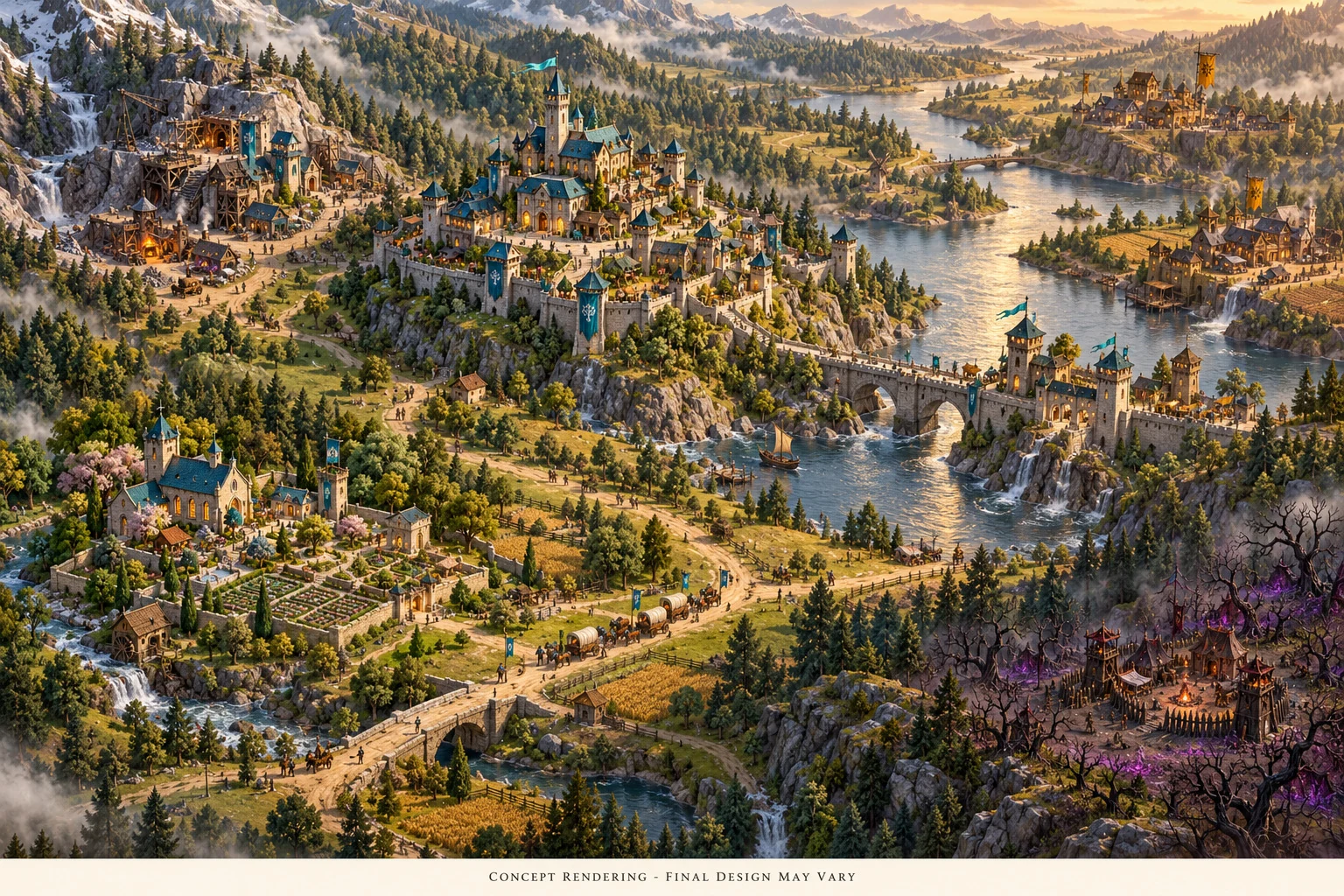 A concept landscape of connected cities, farmland, forests and river crossings
