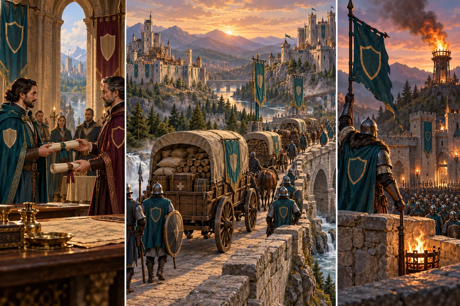 Alliance diplomacy, a resource convoy and warning towers in concept artwork