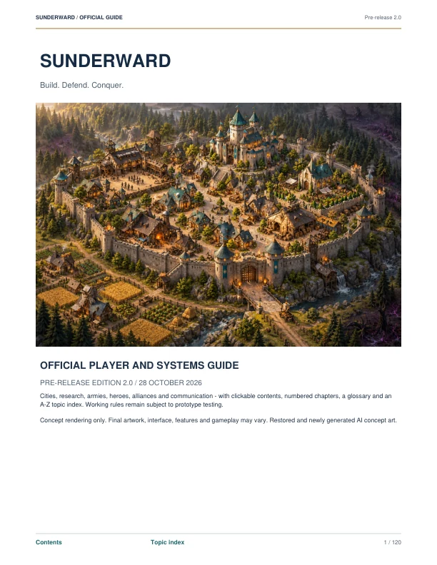 Cover of Sunderward Official Player and Systems Guide, pre-release edition 2.0